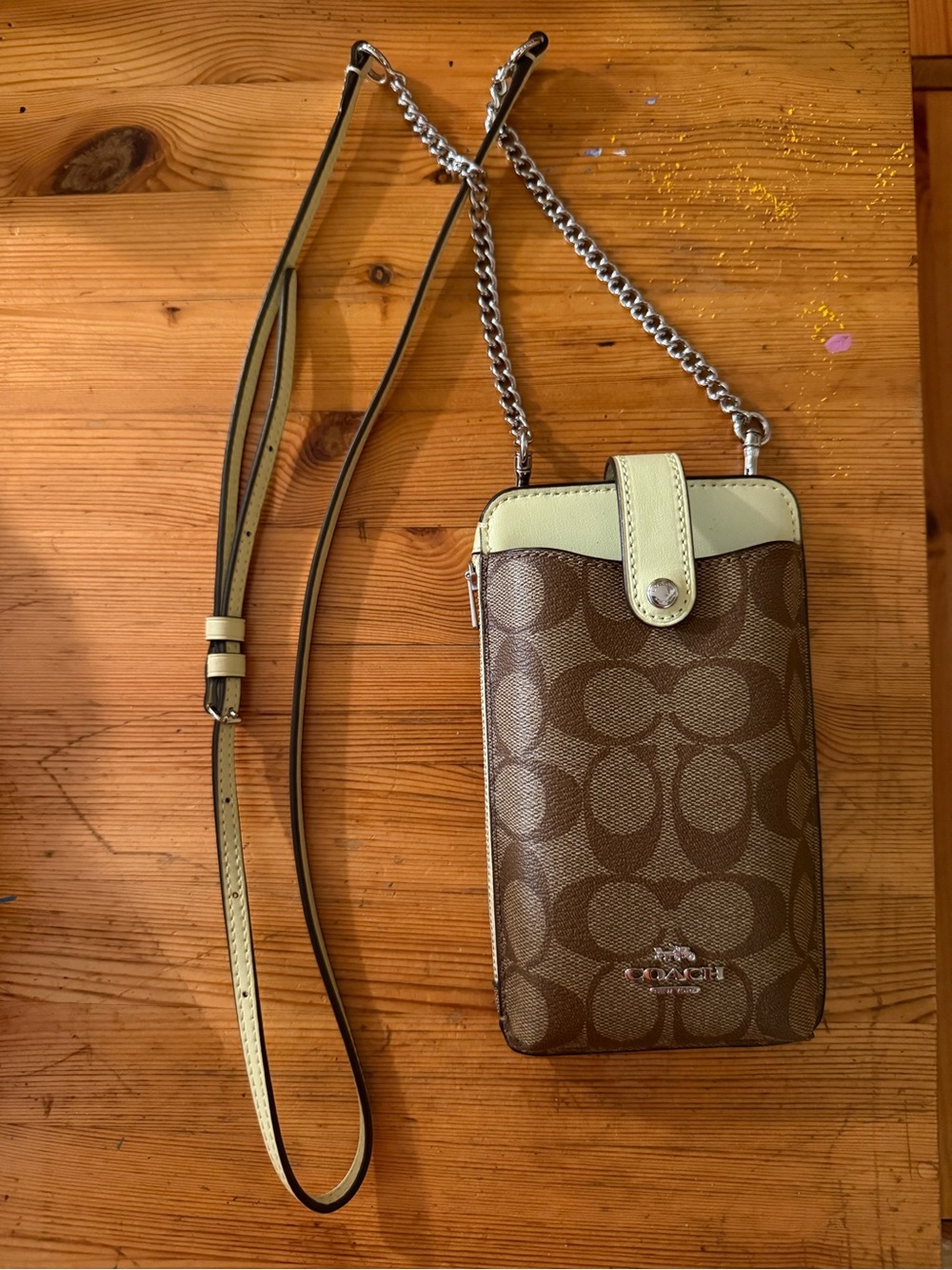 Coach Brown Signature Canvas Phone Crossbody with Light Green Trim